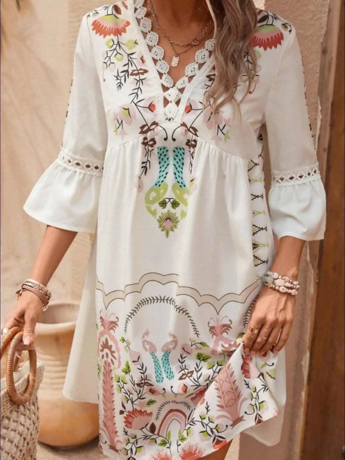 Dresses Trendsi Lace Printed Three-Quarter Dress with Sheer Elegan