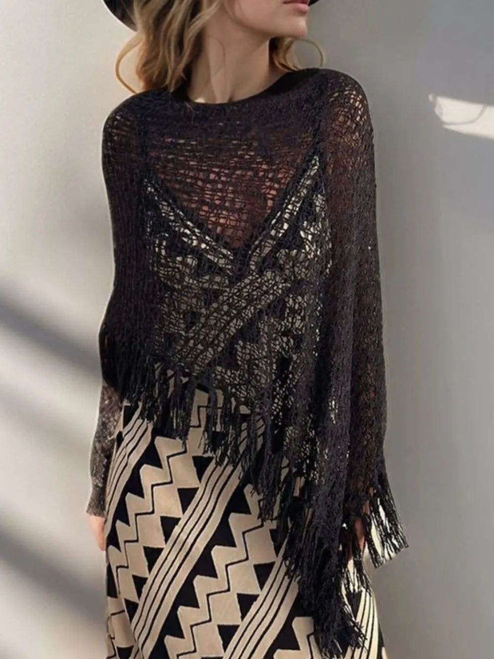 Tassel Boat Neck Knit Shawl