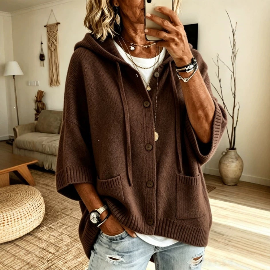 Fashion Autumn Winter Women's Button Knitted Hooded Drawstring Cardigan Sweater Coat For Women