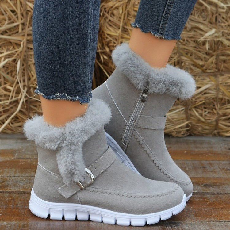 Botas de Nieve Nuevas Botines Gruesos Cálidos de Invierno de Color Sólido con Peluche y Diseño de Hebilla Zapatos Planos de Terciopelo para Mujer