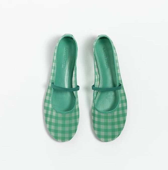 Vintage Pastoral Plaid Mesh Mary Jane Shoes, New Summer Round Toe Ballet Flats For Women