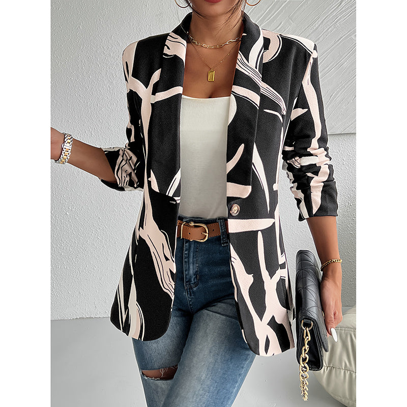 Chaqueta de trabajo para mujer con estampado abstracto, botones y manga larga