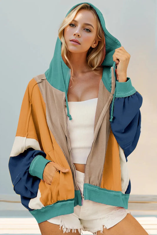 Sudadera con capucha y cremallera de bloque de color de tamaño completo Double Take. Consulta la tabla de tallas en "más detalles".
