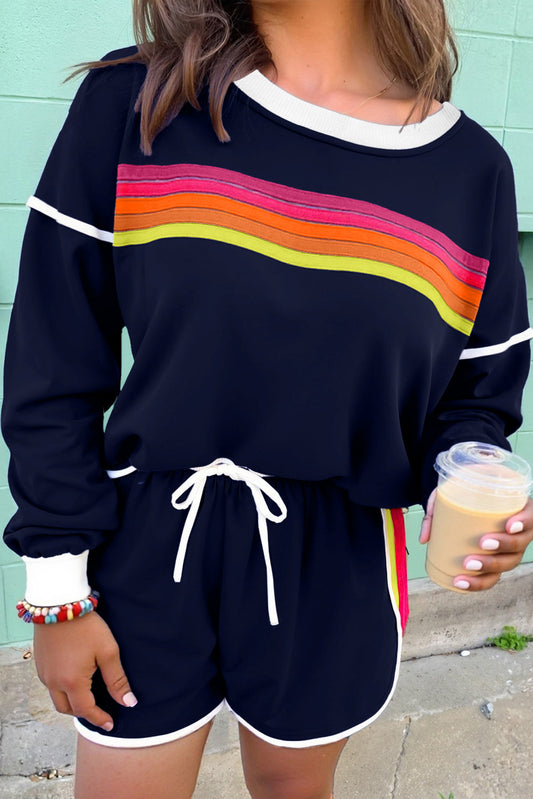 Conjunto a juego de sudadera de manga larga y pantalones cortos con estampado a rayas coloridas "Bluing"
