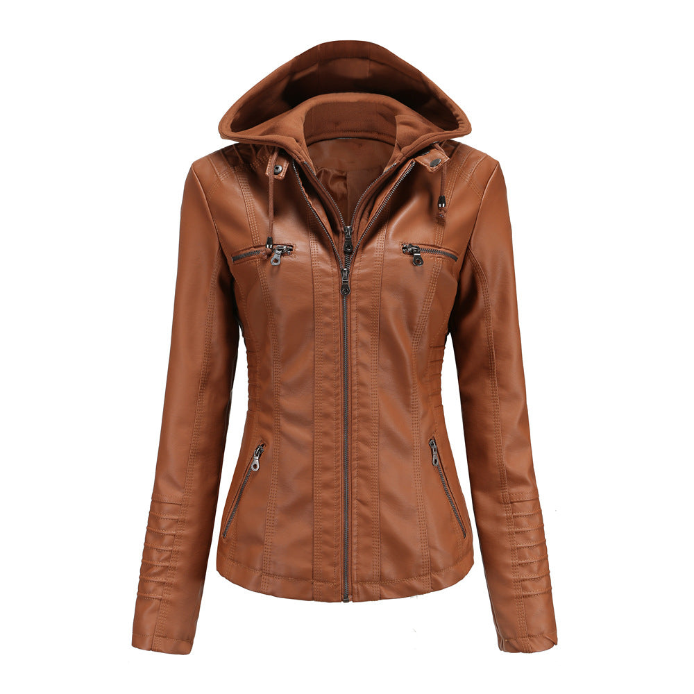 23 European And American Cross-border Hooded Leather Jacket Two-piece Set Removable Large Size Leather Jacket Women's Spring And Autumn Coat Women's PU Wash Leather
