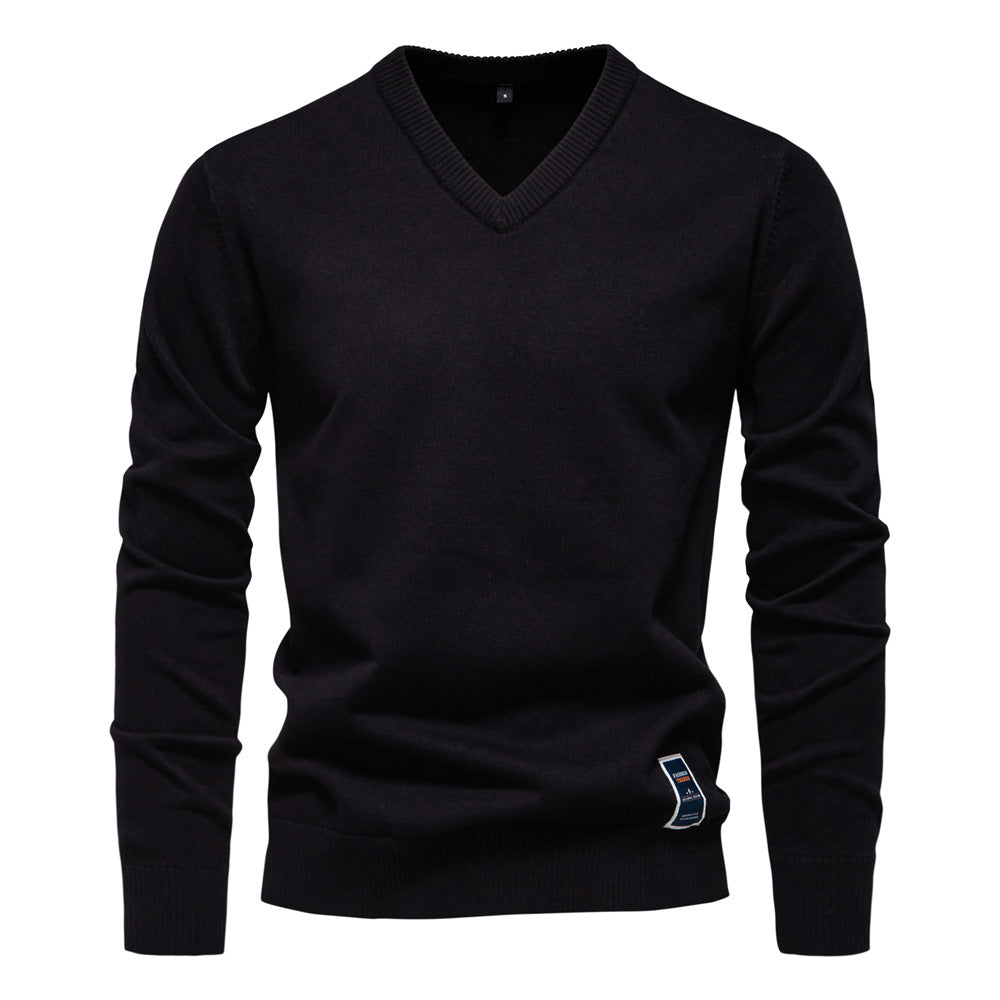 Autumn And Winter New Cotton Cross-border Trade Solid Color Sweater V-Neck Trendy Men's Sweater Men's Sweater