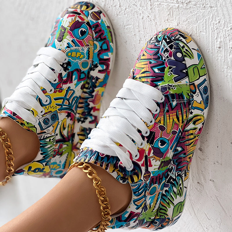 Zapatillas con cordones de punta redonda y suela gruesa — Zapatos casuales estampados para mujer
