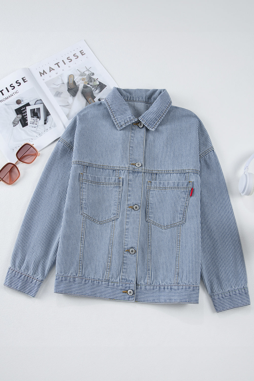 Chaqueta vaquera oversize con bolsillo, lavada a la piedra, a rayas azules