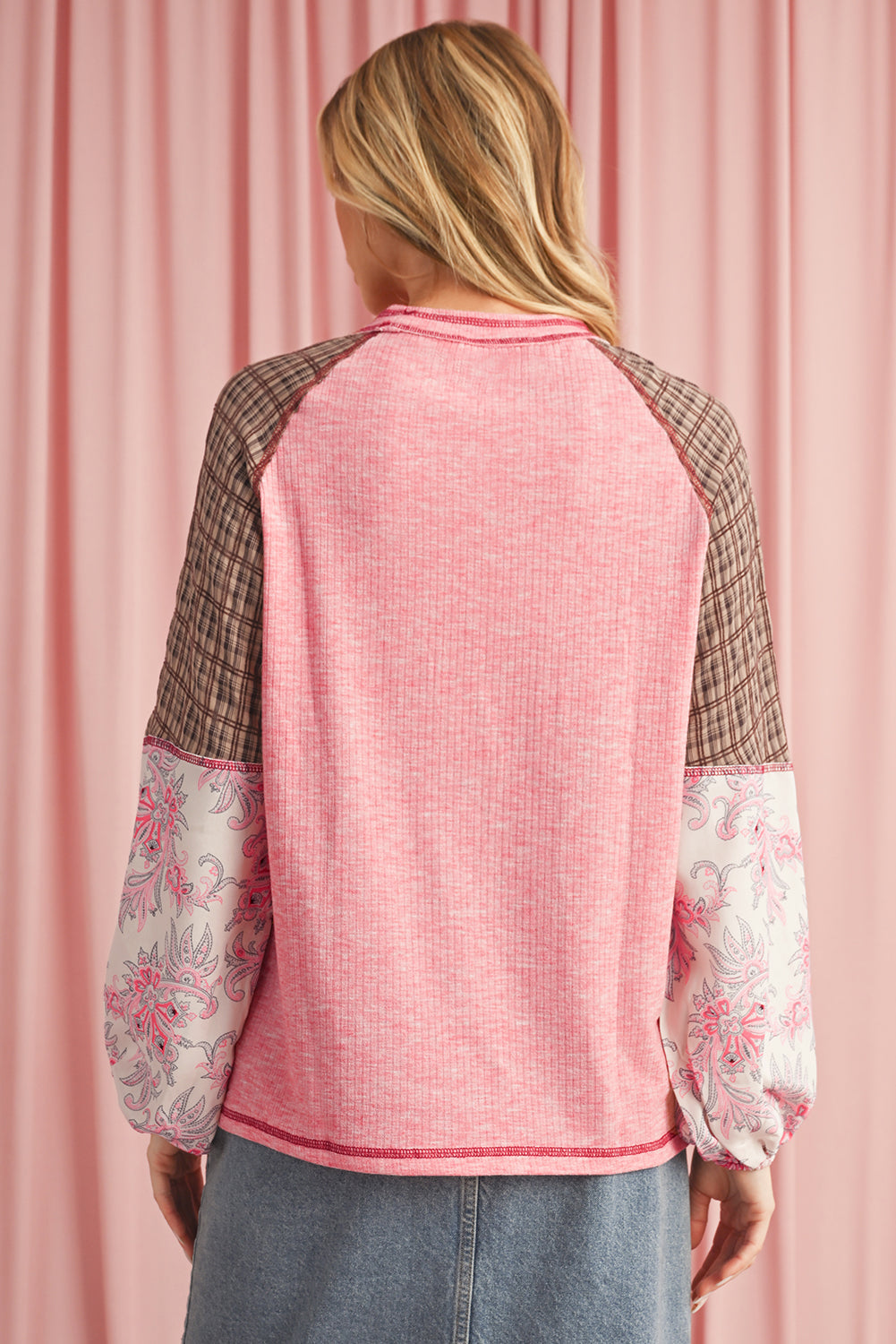 Top de canalé raglán con retazos de estampado mixto a cuadros florales Jet Stream
