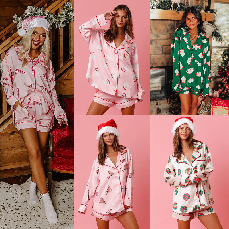 Conjunto de pijama de raso de Papá Noel para mujer | Ropa de casa de dos piezas con estampado navideño