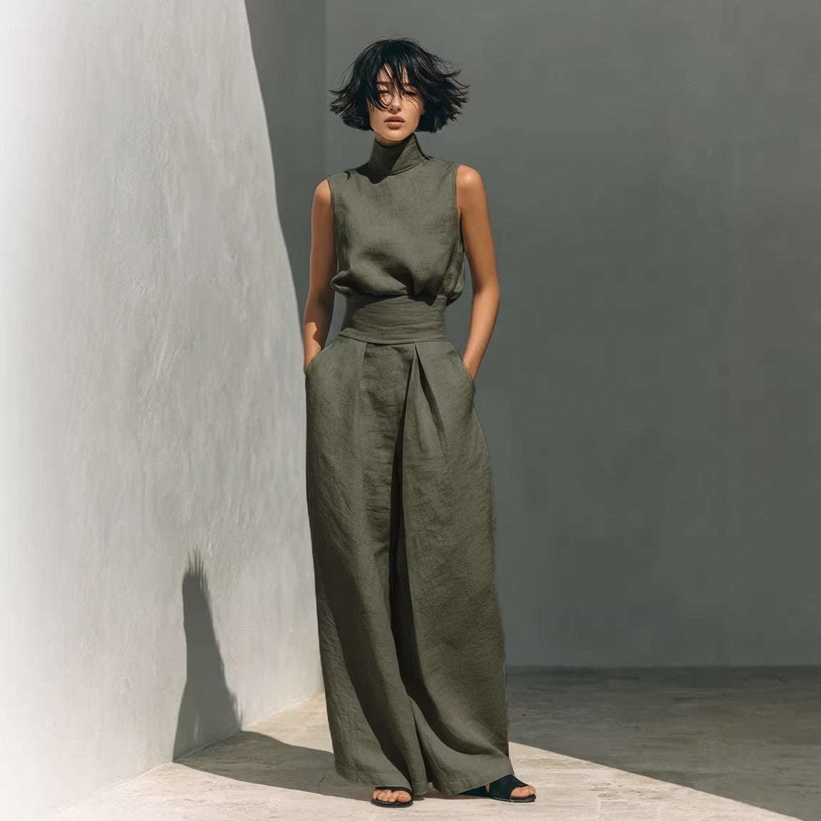 Conjunto de dos piezas de algodón y lino para mujer – Top sin mangas y pantalón de pierna ancha