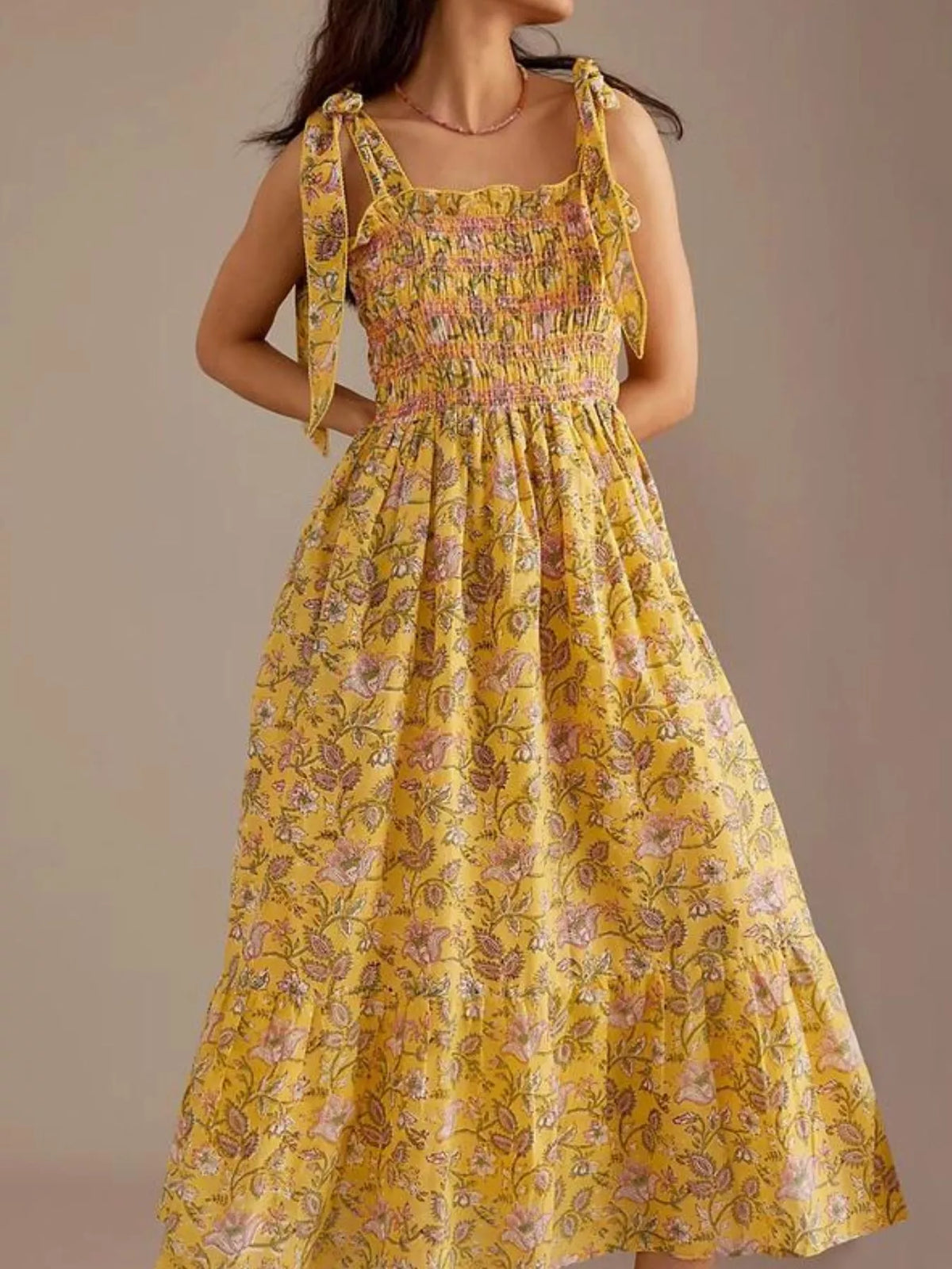 Floral Smocked Tie-Shoulder Midi Dress