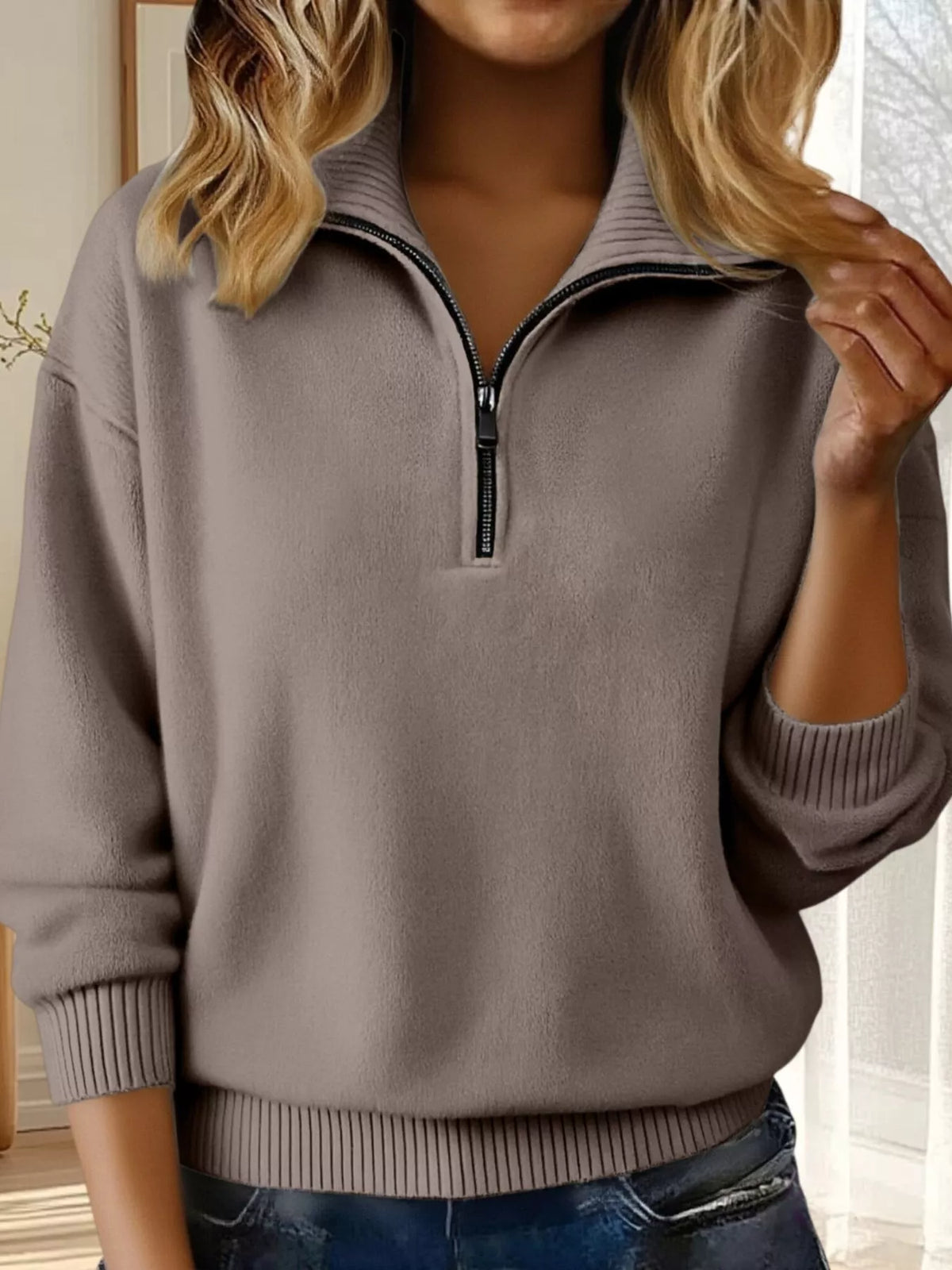 Full Size Half Zip Dropped Shoulder Sweater Plus Size