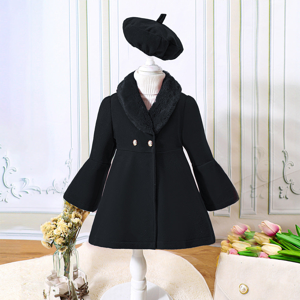 Children's Clothing Young And Little Girls Winter Solid Color Stitching Fur Collar Woolen Coat Outerwear