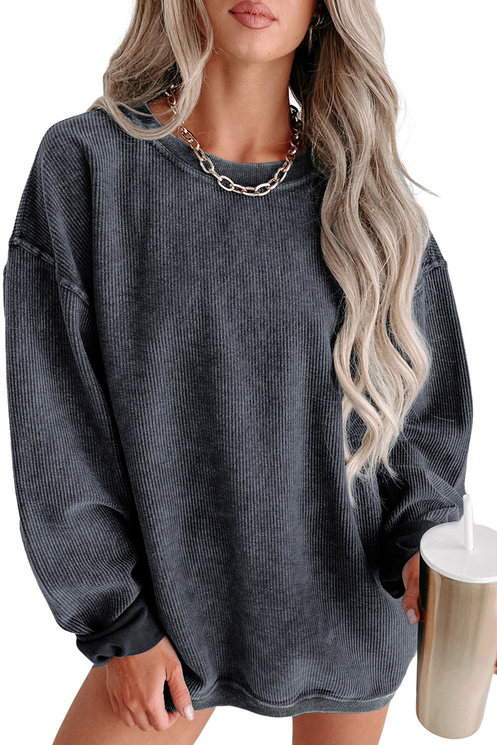 Sudadera Rosa Sólida de Punto Acanalado y Cuello Redondo
