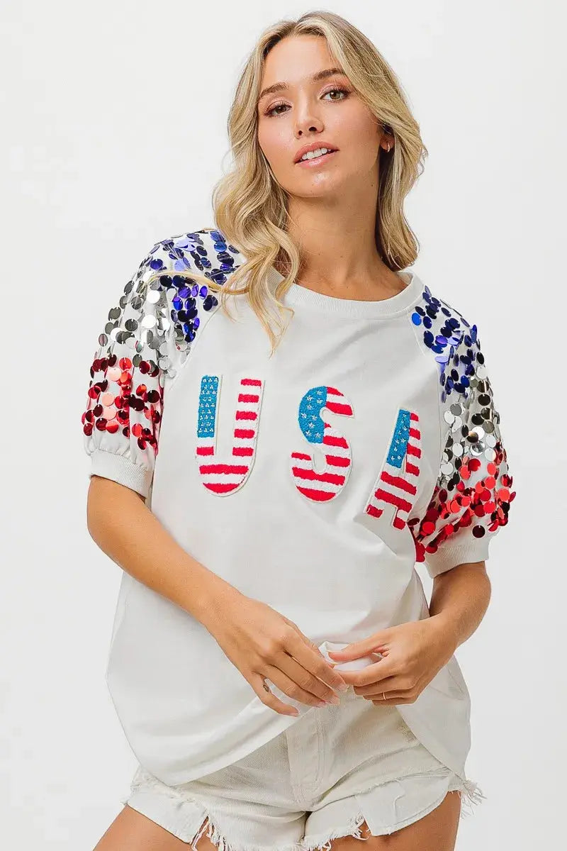 Women's T-Shirt Women's Tee - Sequin American Flag - Patriotic USA Made