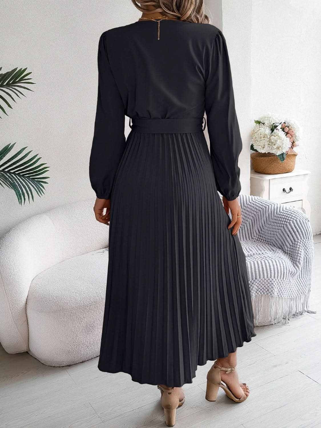 Dresses Trendsi V-Neck Dress Women's Elegant Long Sleeve Sheer Tie Dress Fashion