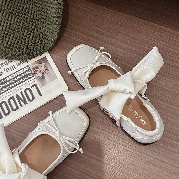 Women Flat Mary Jane Ankle Sandal Boots, Summer Outdoor Bow Detachable Shallow Cut Ballet Flats Match Dresses