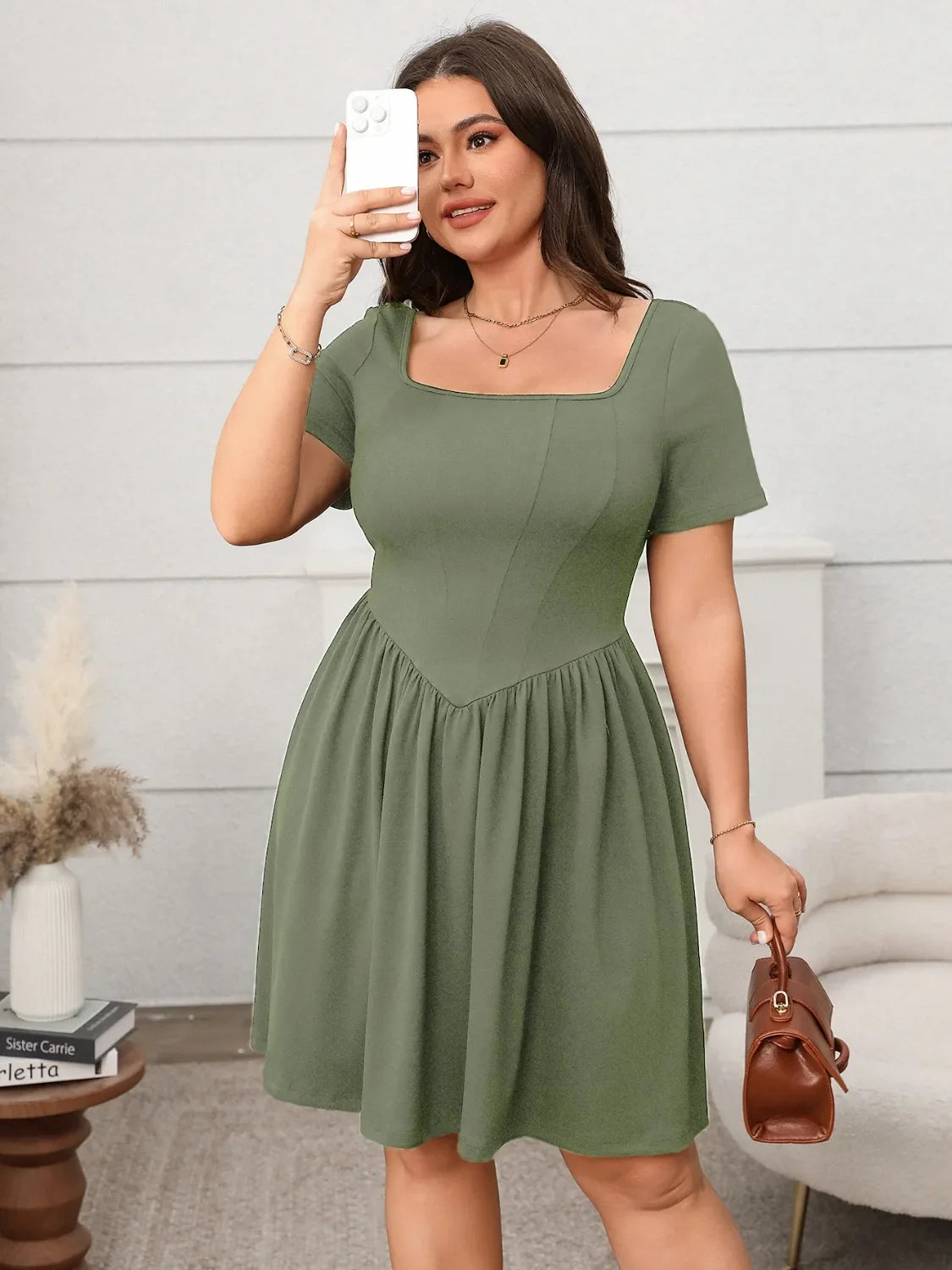 Plus Size Square Neck Short Sleeve Mini Dress