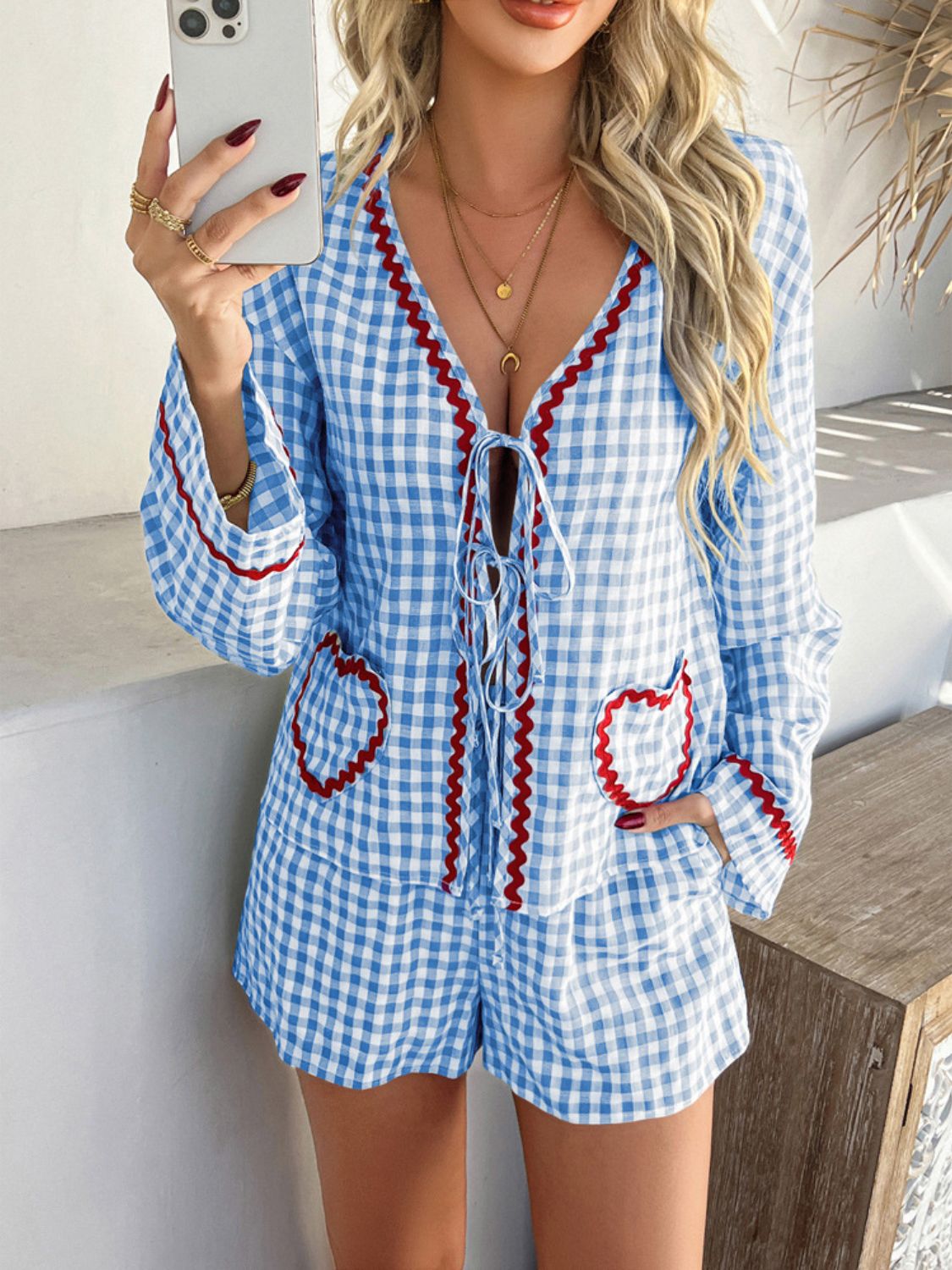 Devine Tie Front Contrast Plaid Shirt and Shorts Set