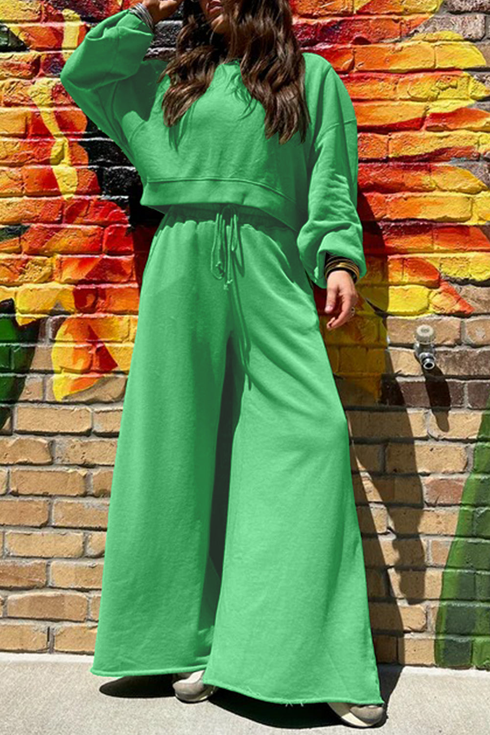 Yellow Cream Drop Shoulder Crop Pullover Drawstring Wide Leg Pants Set