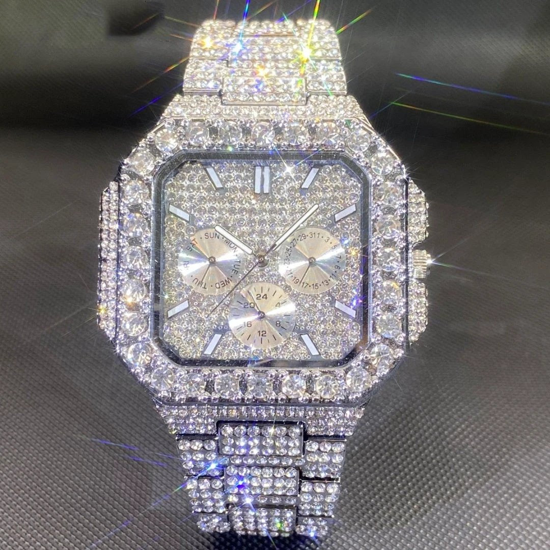 Men's Watch Square-shaped Fully Diamond-encrusted Multi-functional