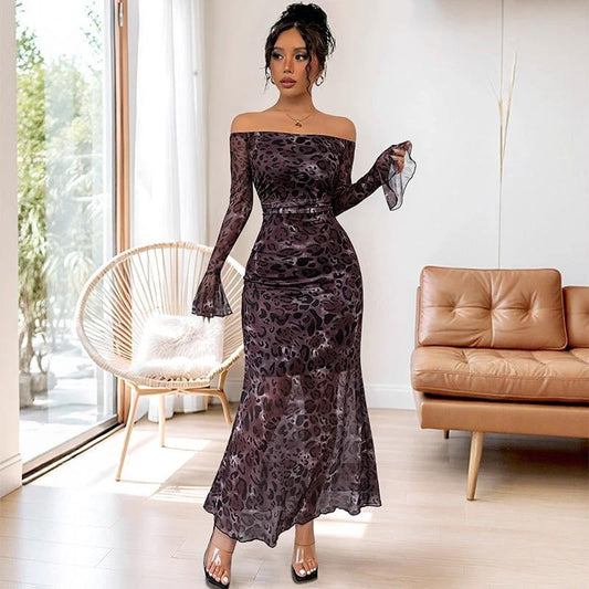 Elegante Vestido Retro de Malla con Estampado de Leopardo, Hombros Descubiertos y Manga Larga