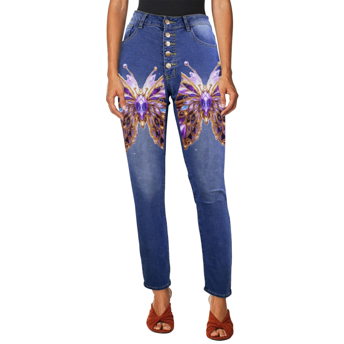 Women's Crystal Butterfly Graffiti Front Print Jeans (Made in USA)