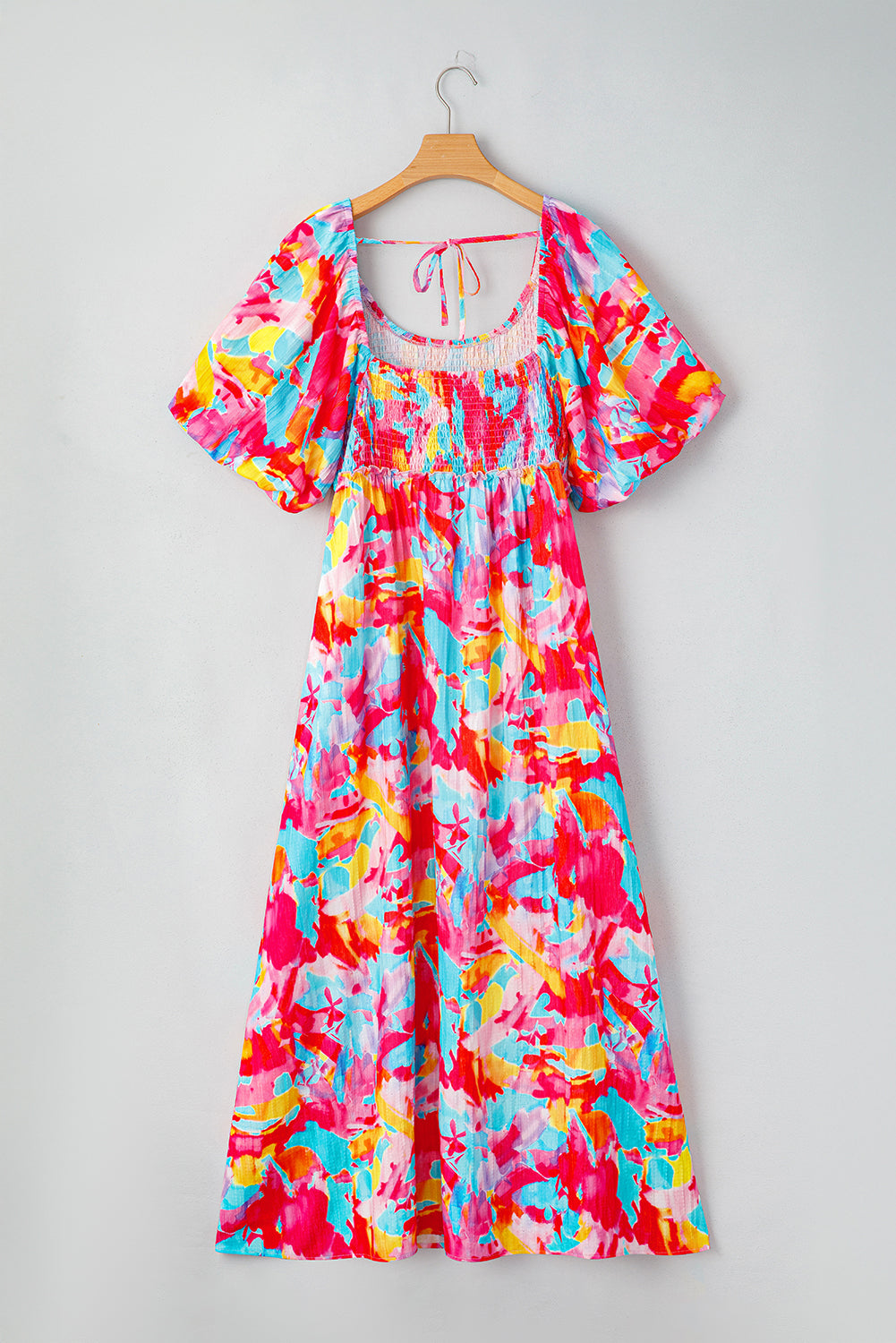 Vestido de Talla Grande con Estampado Floral Abstracto, Mangas Abullonadas, Escote Cuadrado, Busto Fruncido y Espalda Atada