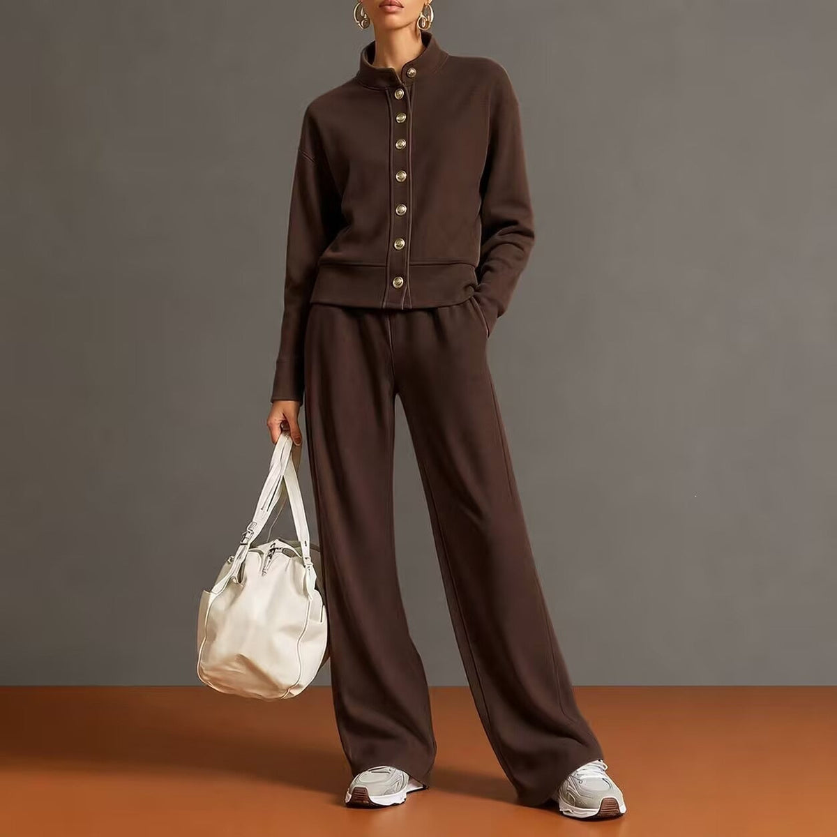 Women's Stand-Collar Button Cardigan & Wide-Leg Pants Set