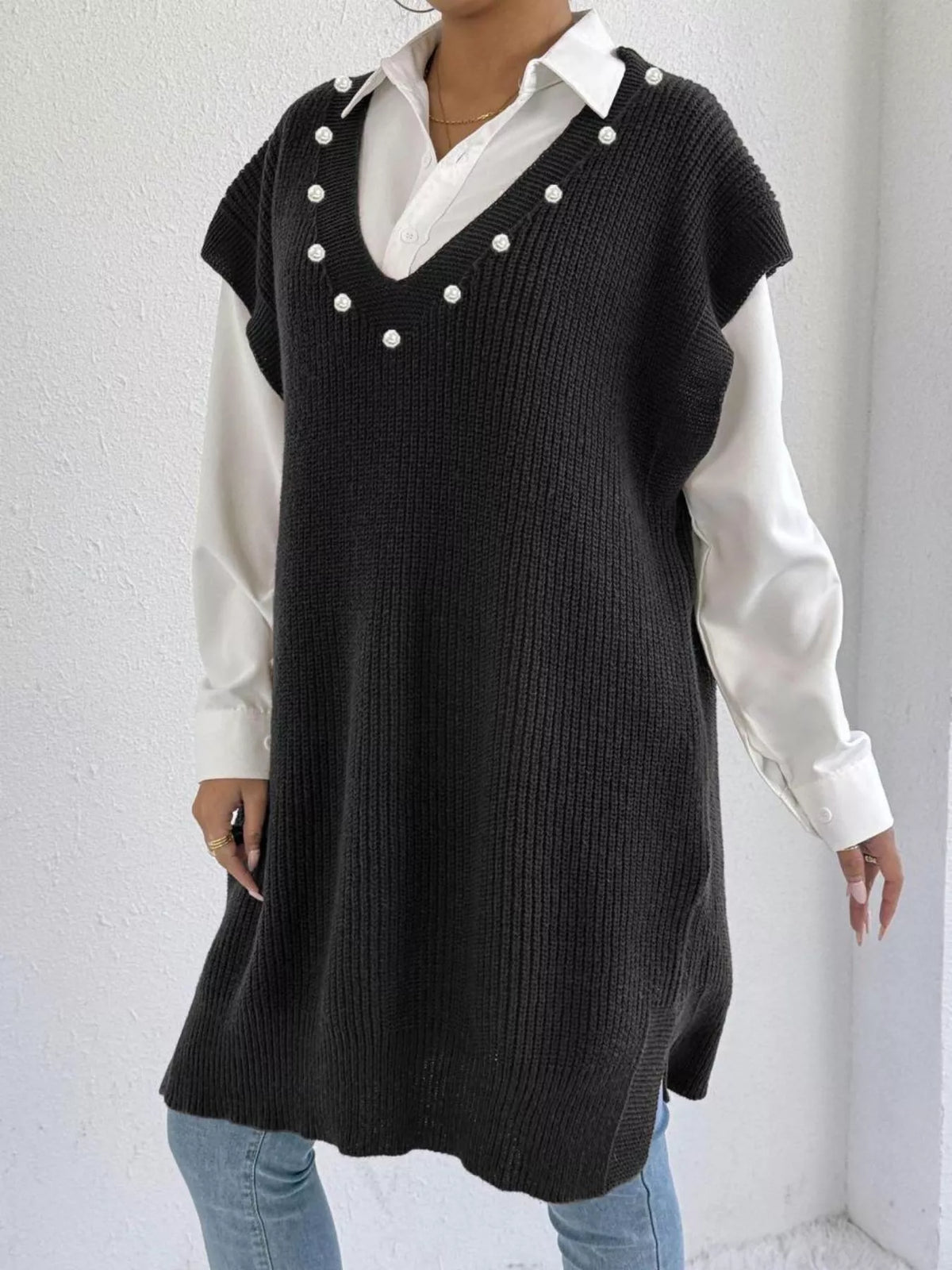 Slit V-Neck Sweater Dress