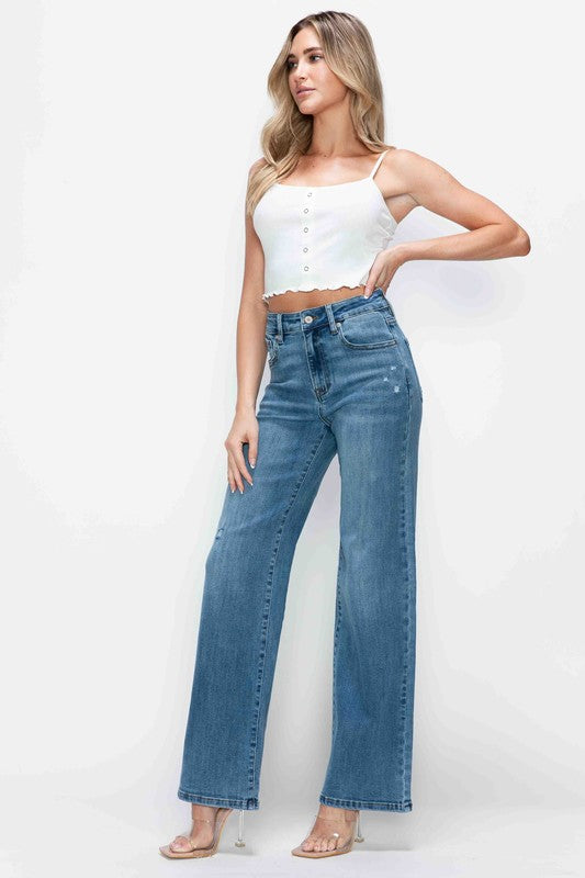 Jeans bytos de tiro alto de pierna ancha con bolsillos