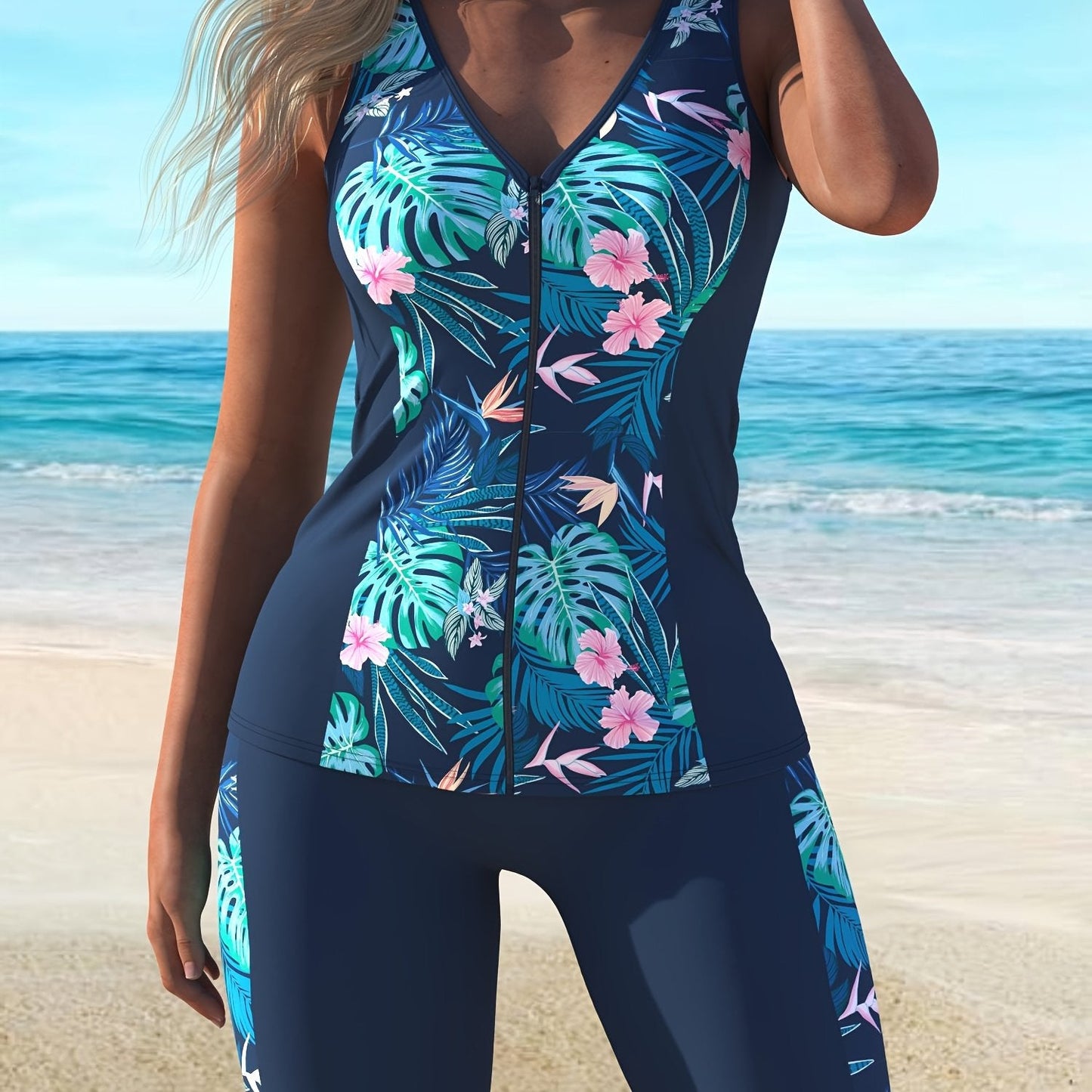 Conjunto de Tankini a Rayas Azules de Moda para Mujer, Perfecto para el Ocio en la Playa.