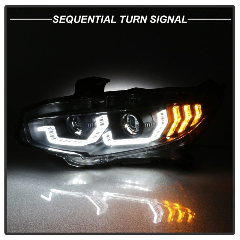 Spyder 16-18 Honda Civic 4 puertas con luces de giro secuenciales LED Proyector de faros - Negro - PRO-YD-HC16-SEQ-BK