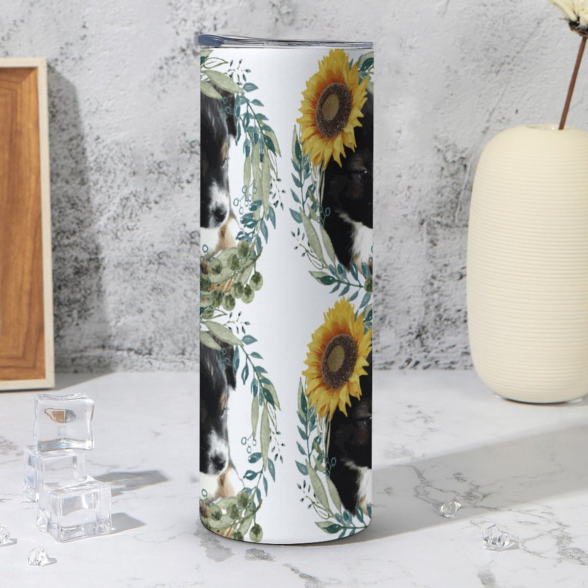 Cute Black Puppy with Sunflower 20oz Large Capacity Tumbler with Lid