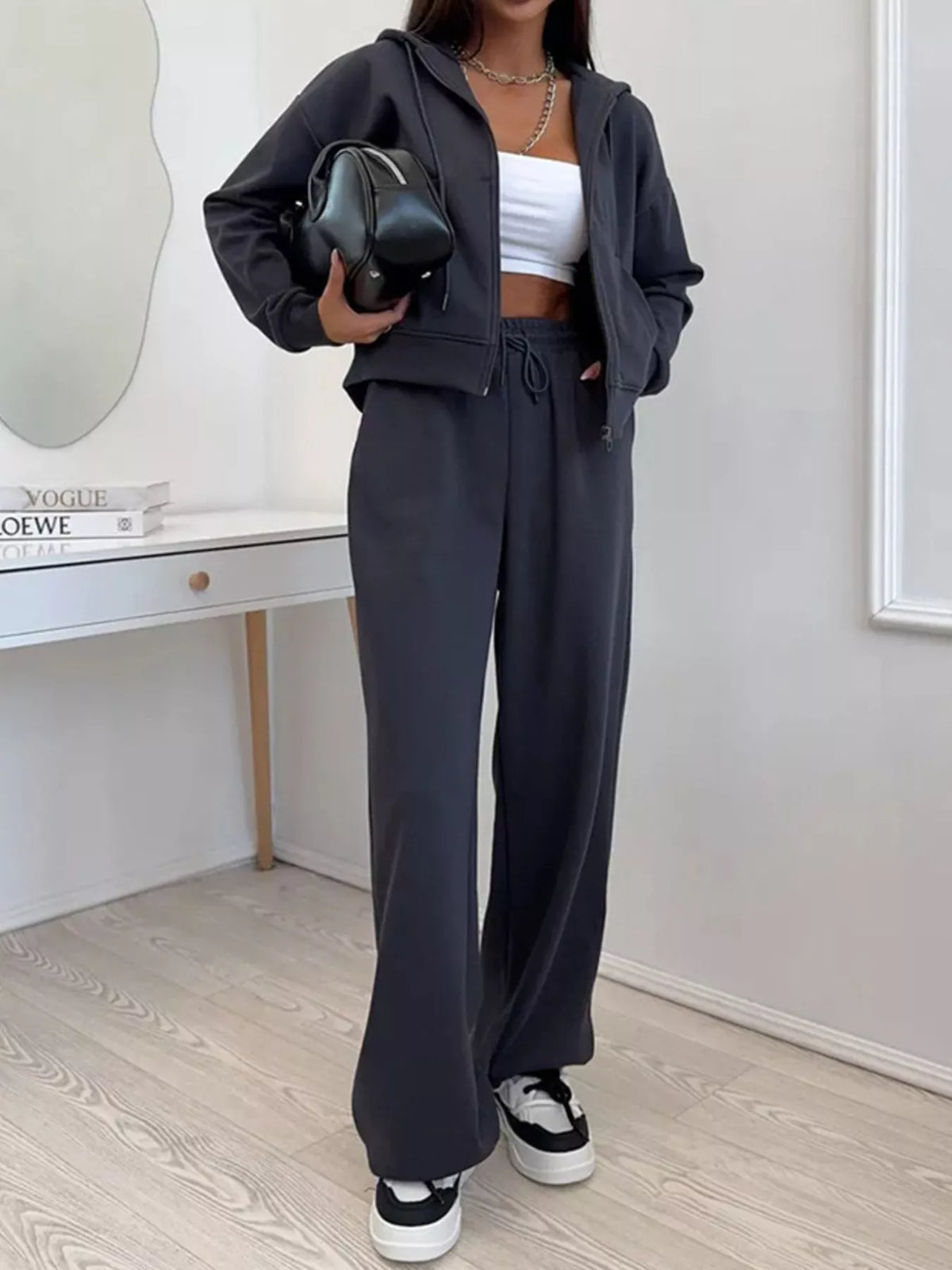 Zip-Up Hoodie and Wide-Leg Pants Set