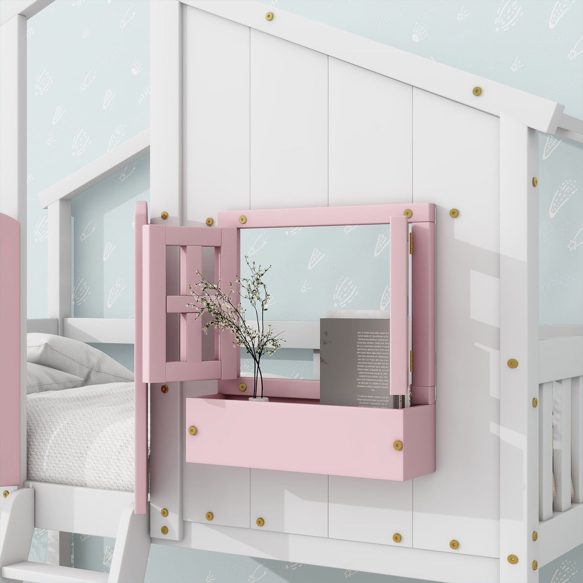 House Bunk Bed With Roof, Window, Window Box, Door, With Safety Guardrails And Ladder
