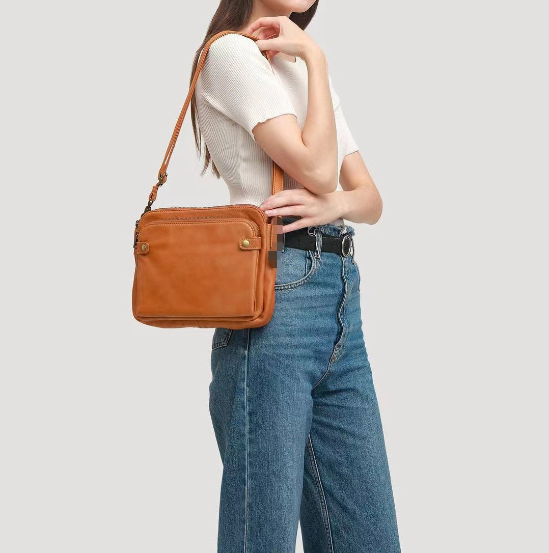 Vintage Three Layer Leather Messenger Bag Travel Bag