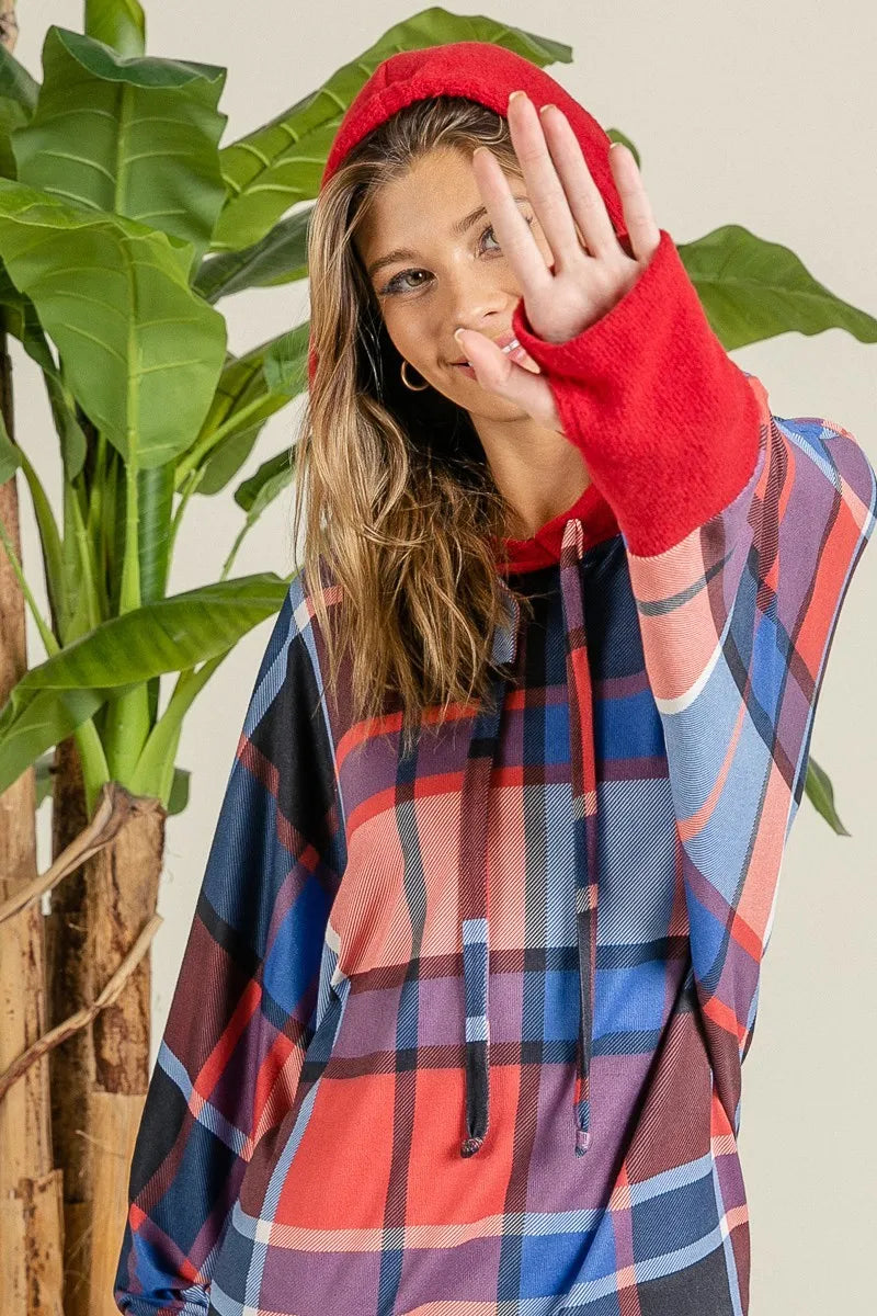 Plaid Mirr Brushed Rib Contrast Thumb Open Hoodie