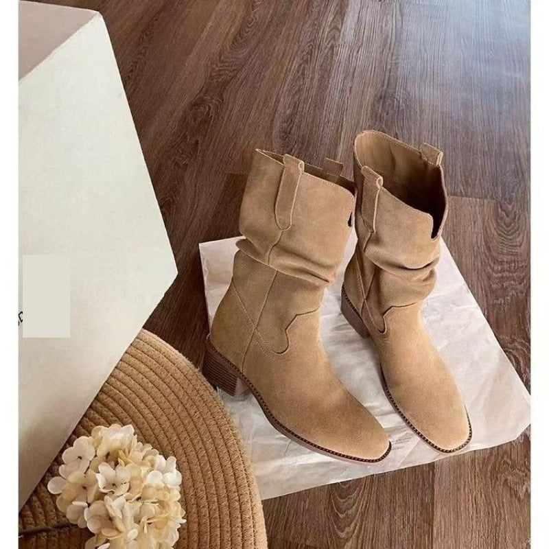 Botines plisados de piel de vaca para mujer, estilo occidental de otoño