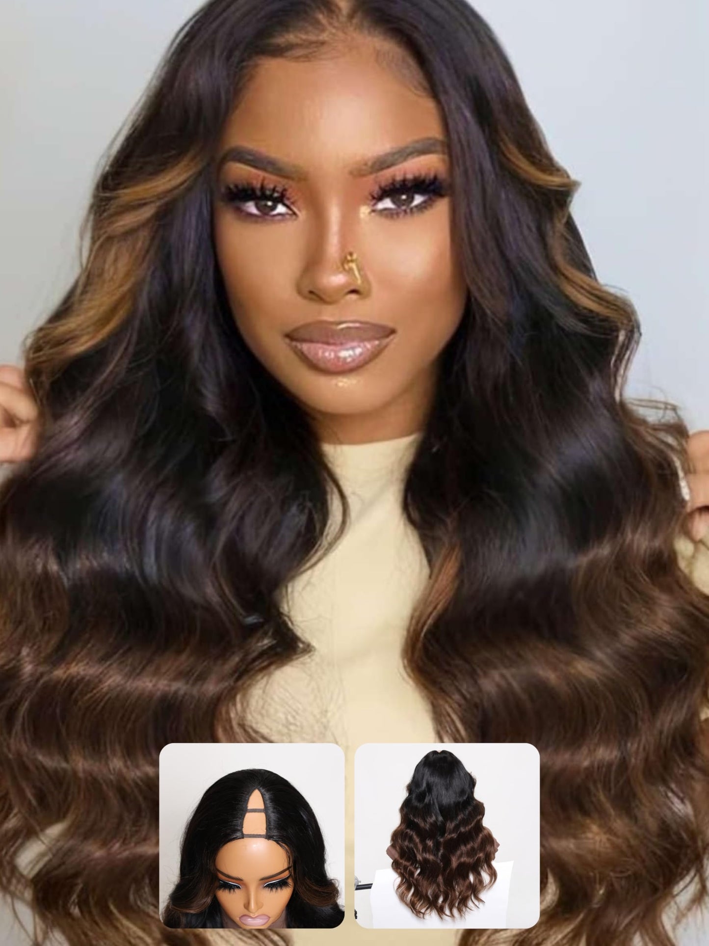 Nadula Highlight V Part Body Wave Wigs Human Hair No Leave Out Black to Chestnut Brown Ombre Upgrade U Part Wigs 12A Glueless Ombre V-part Wavy Wigs Clip in Half Wig Ready to Go 180% Density 16inch