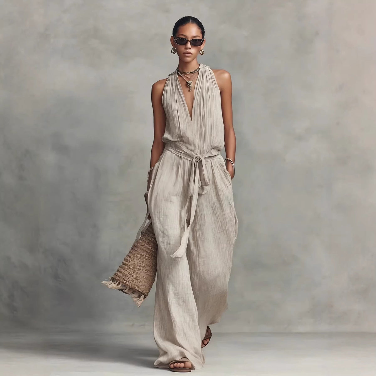 Women's Casual Belted Sleeveless Cotton-blend Jumpsuit