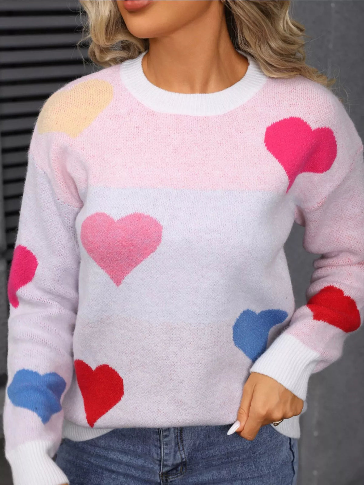 Valentine's Day Heart Round Neck Dropped Shoulder Sweater