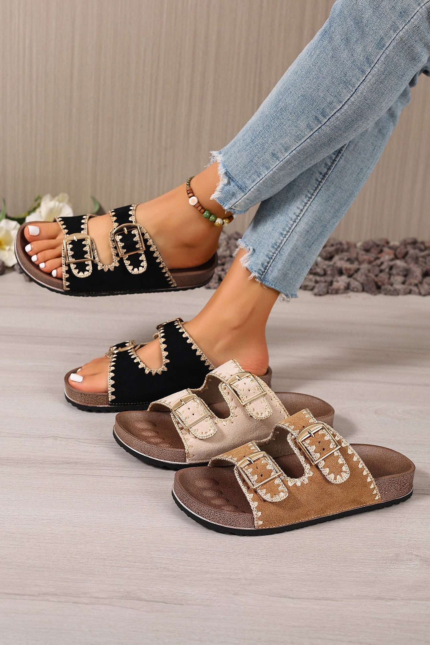 Camel Embroidered Trim Retro Buckle Faux Suede Slippers