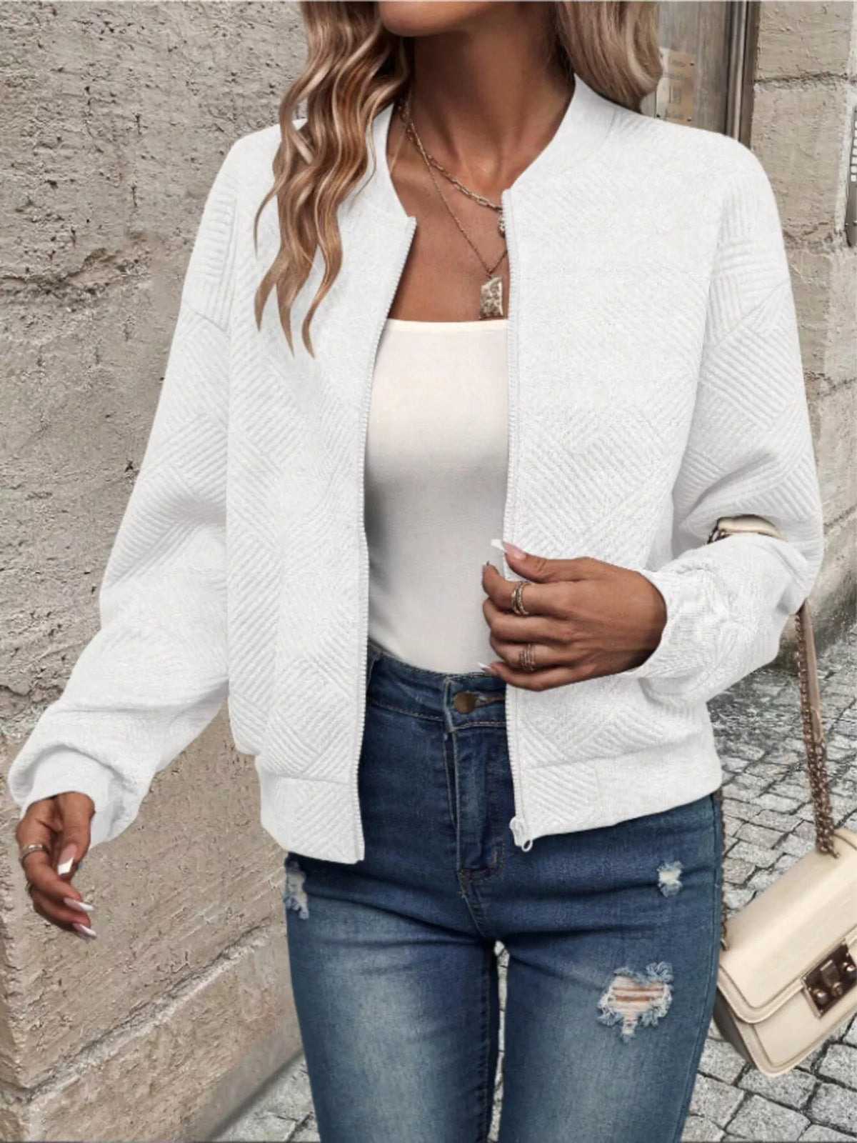 Textured Knit Zip-Up Bomber Jacket