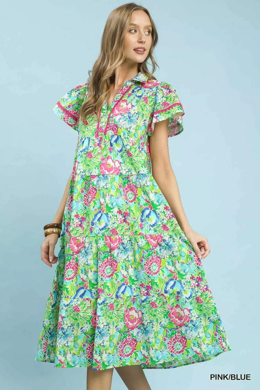 Umgee Bold Mixed Floral Tiered Midi Dress in Pink/Blue