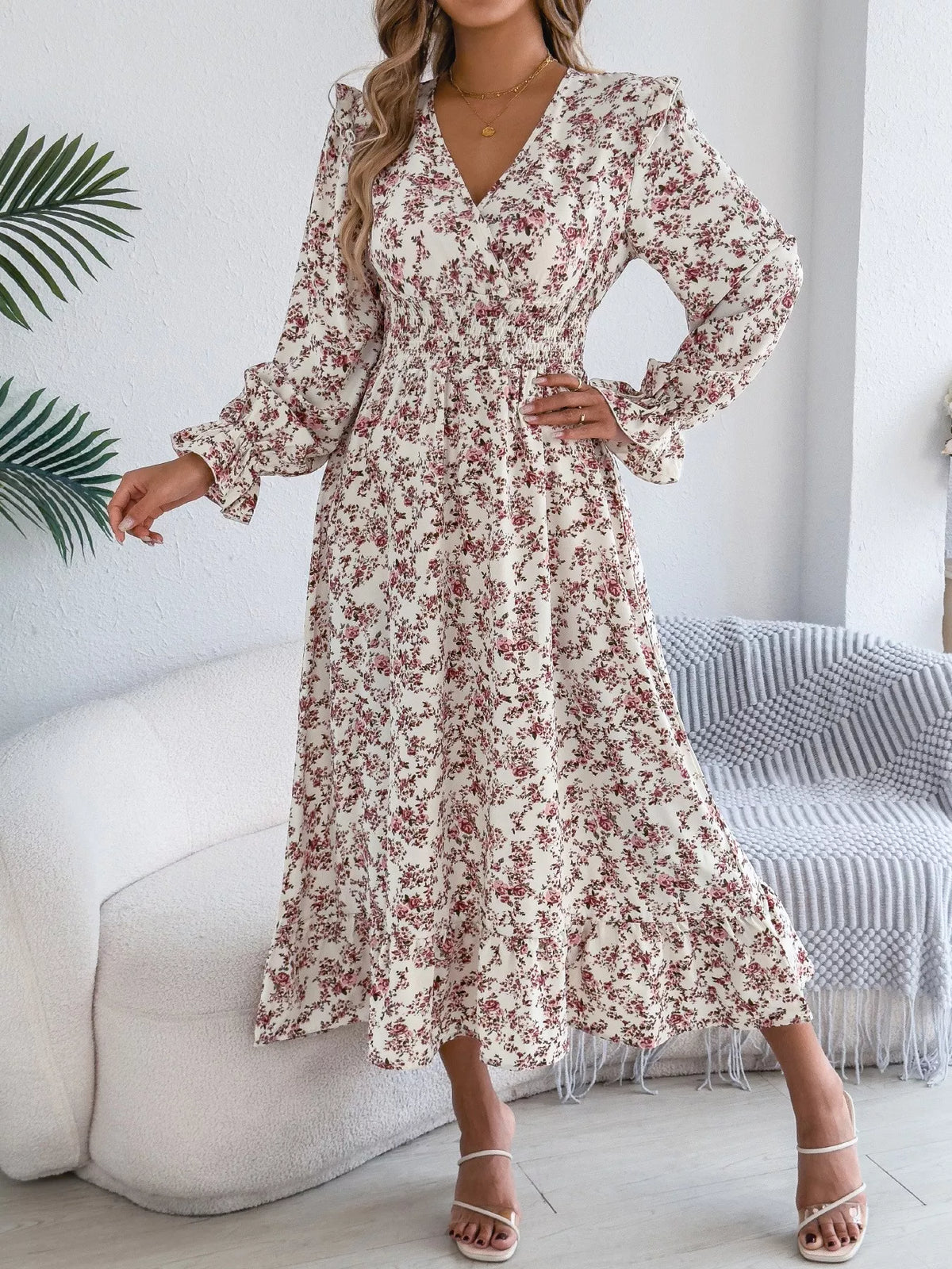 Ruffled Floral V-Neck Flounce Sleeve Dress
