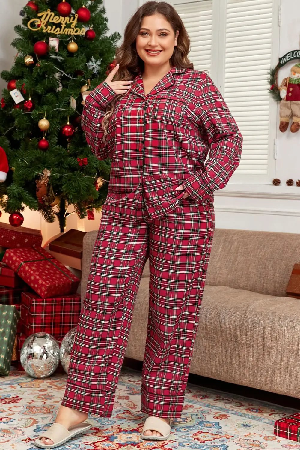 Pants Love Salve Red Plaid Lounge Set Women's Plus Size Pajama Set Comfy & Stylish