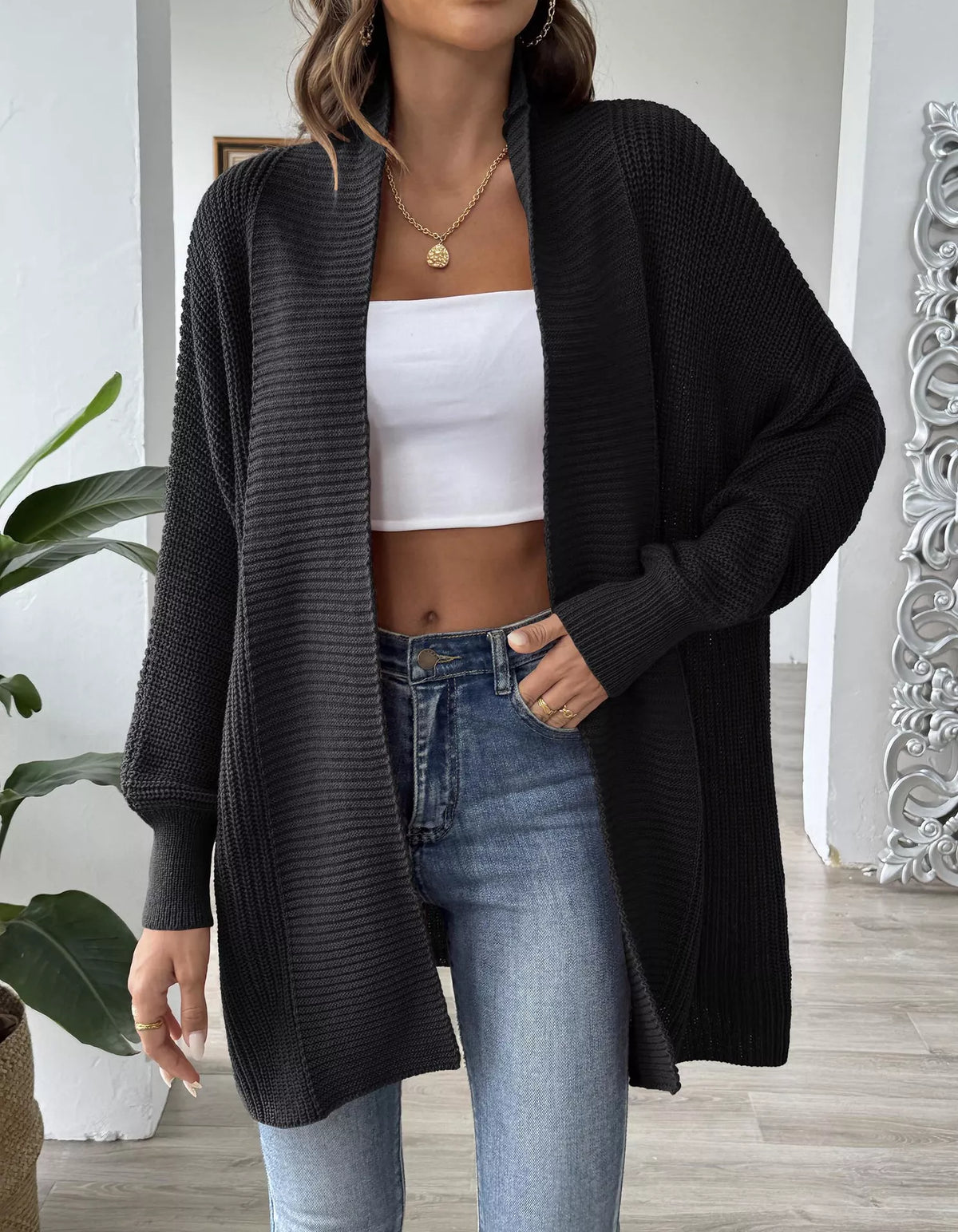 Open Front Ribbed Knit Cardigan