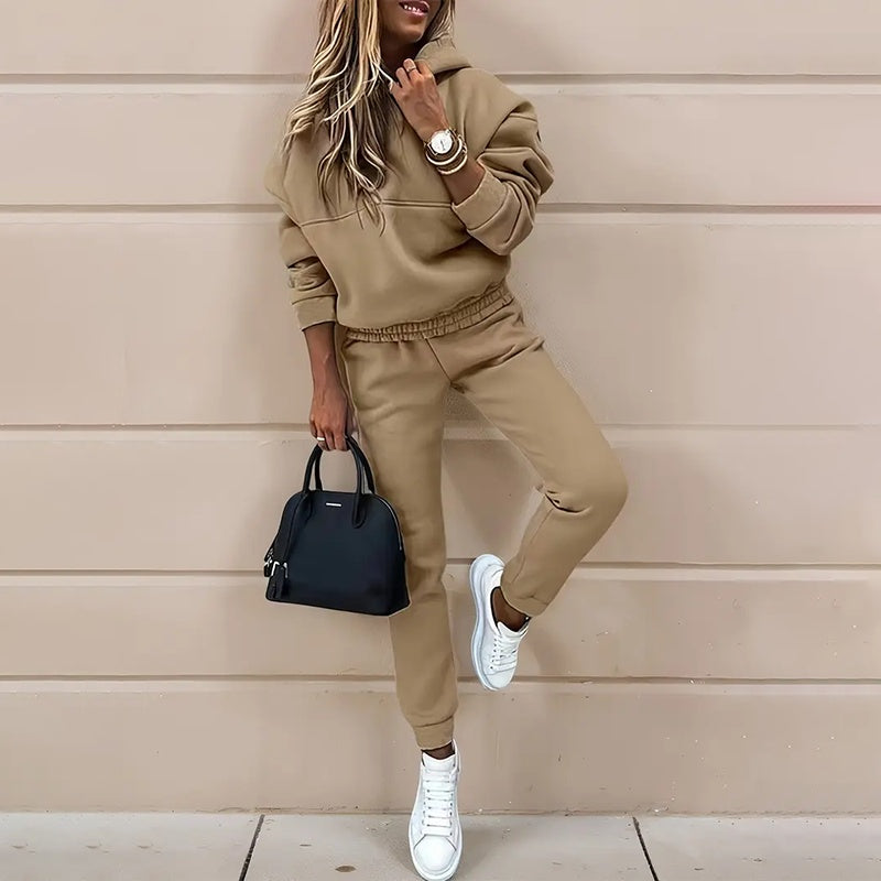 Conjunto de sudadera con capucha y pantalón de dos piezas de color liso para mujer